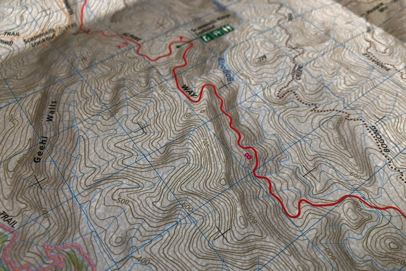Reading Topographic Maps for Hiking in Australia Close-up of contour lines on a topographic map showing changes in elevation and slope