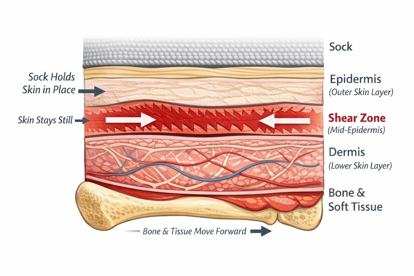 Cross-section diagram of skin layers showing how hiking blisters form through mechanical shear forces.