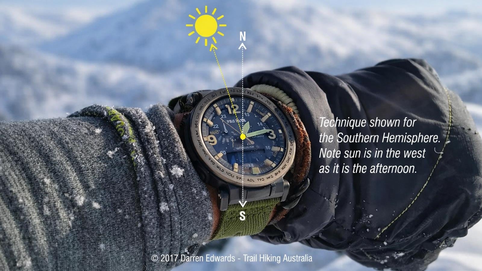 Close up of a wristwatch used for sun navigation in the southern hemisphere, with directional graphics overlaid against a blurred australian snow capped mountain background.