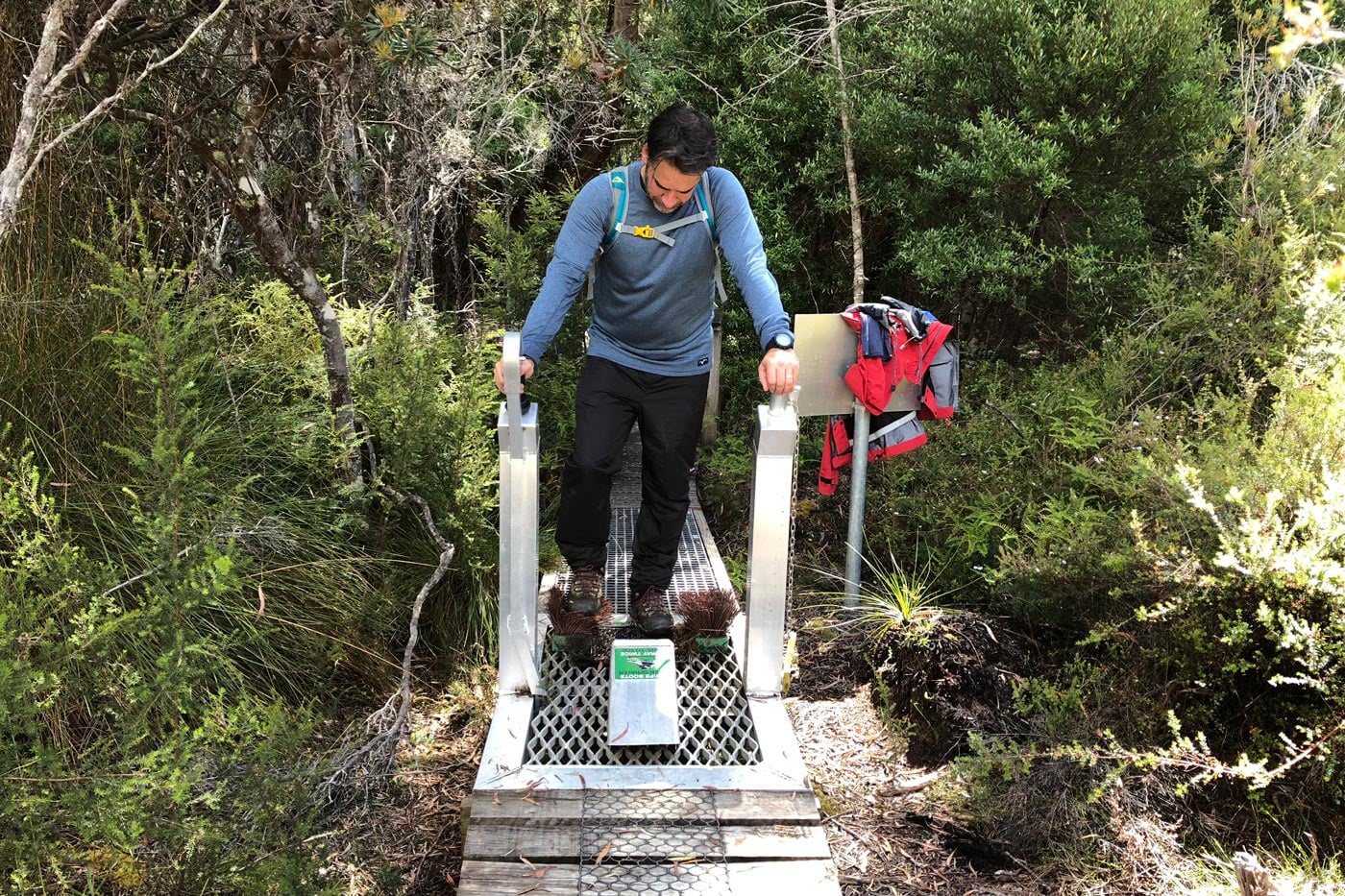 Hiker cleaning boots at a phytophthora cinnamomi hygiene station in bushland