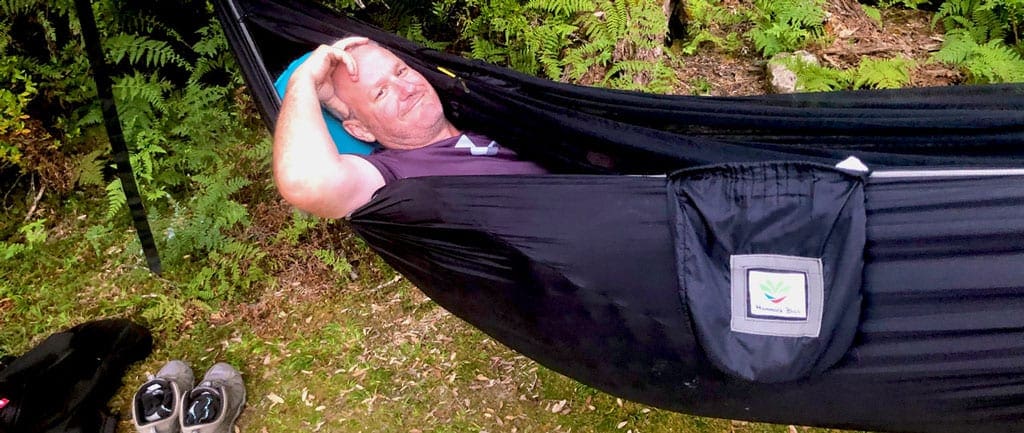 Echo Point Beach - Dean In Sky Bed Bug Free Laying On The Netting Hammock camping trail hiking australia