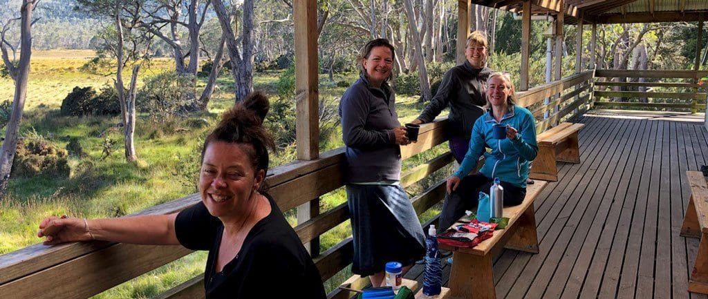 New Pelion Hut - long open covered deck - hammock corner at the end Hammock camping trail hiking australia