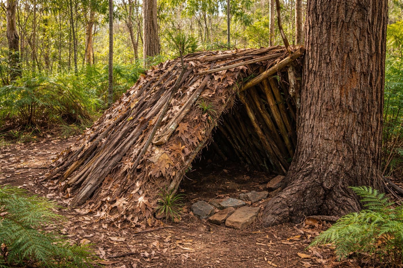 Debris shelter constructed from branches and leaves leaning against a tree