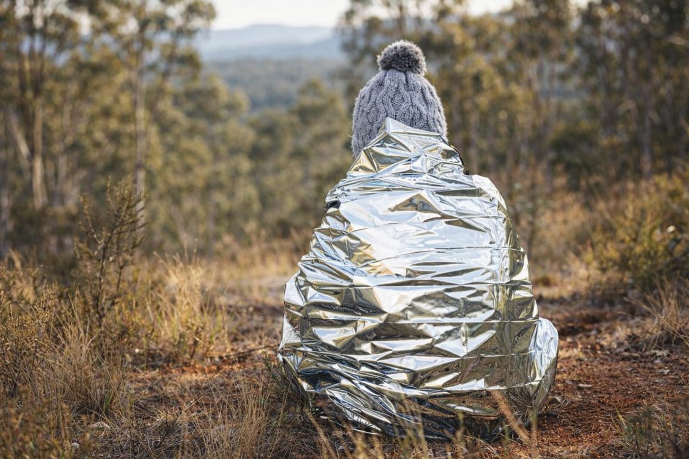 Hiker seated on the ground wrapped in an emergency blanket for warmth and wind protection
