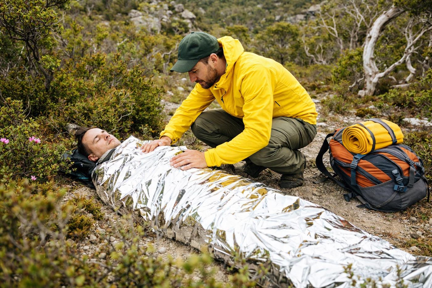 Injured hiker lying on the ground being wrapped in an emergency blanket by another hiker