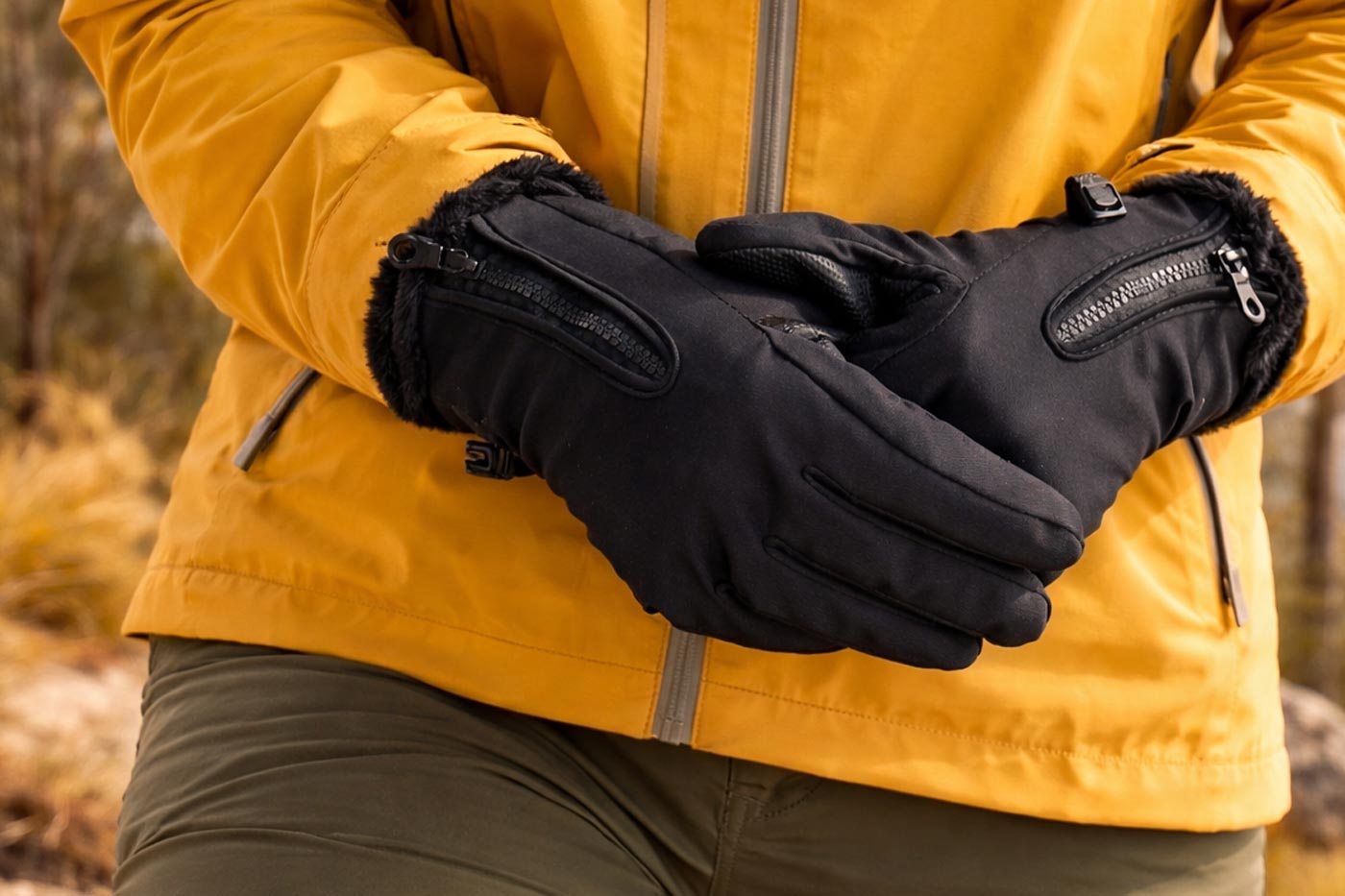 Close-up of softshell hiking gloves worn in cool, dry outdoor conditions