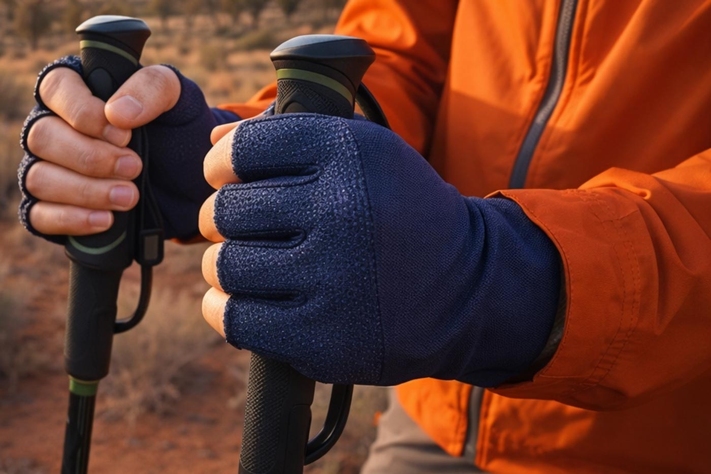 Hiker wearing fingerless gloves for sun and abrasion protection while using trekking poles