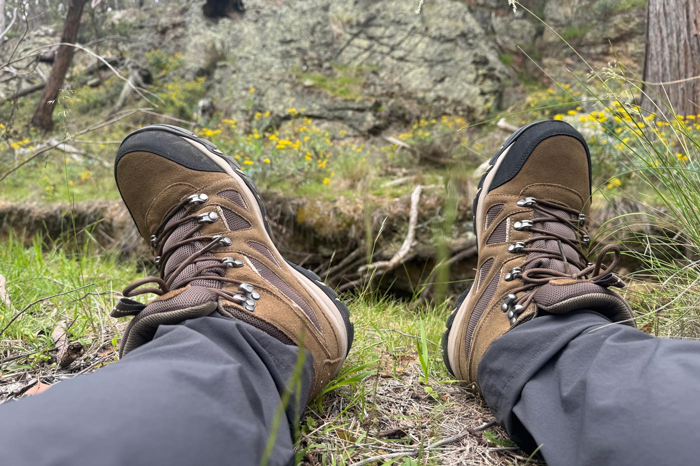 Split grain leather hiking boots with nubuck finish and fabric panels, showing lighter construction on a bush track.