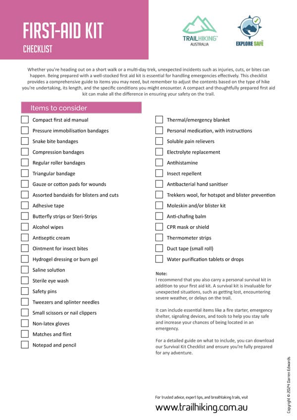 First aid kit checklist - Trail Hiking Australia First aid kit checklist