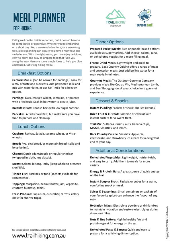 Hike meal planner - Trail Hiking Australia Hike meal planner