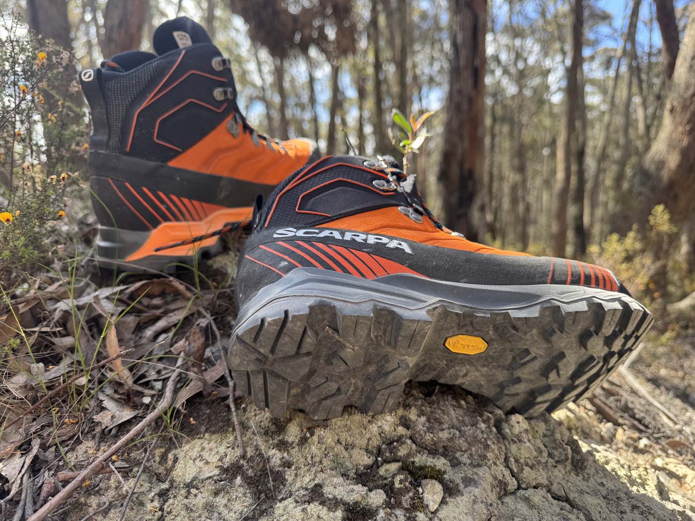 SCARPA Ribelle TRK GTX Hiking Boots Review Vibram roll trk sole and protective tpu rand on the ribelle trk.