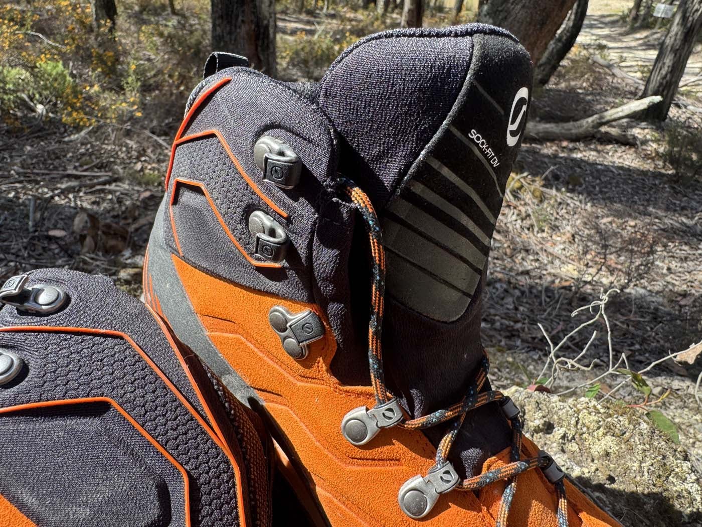 SCARPA Ribelle TRK GTX Hiking Boots Review Close-up of the ribelle trk’s lacing and sock-fit tongue design.