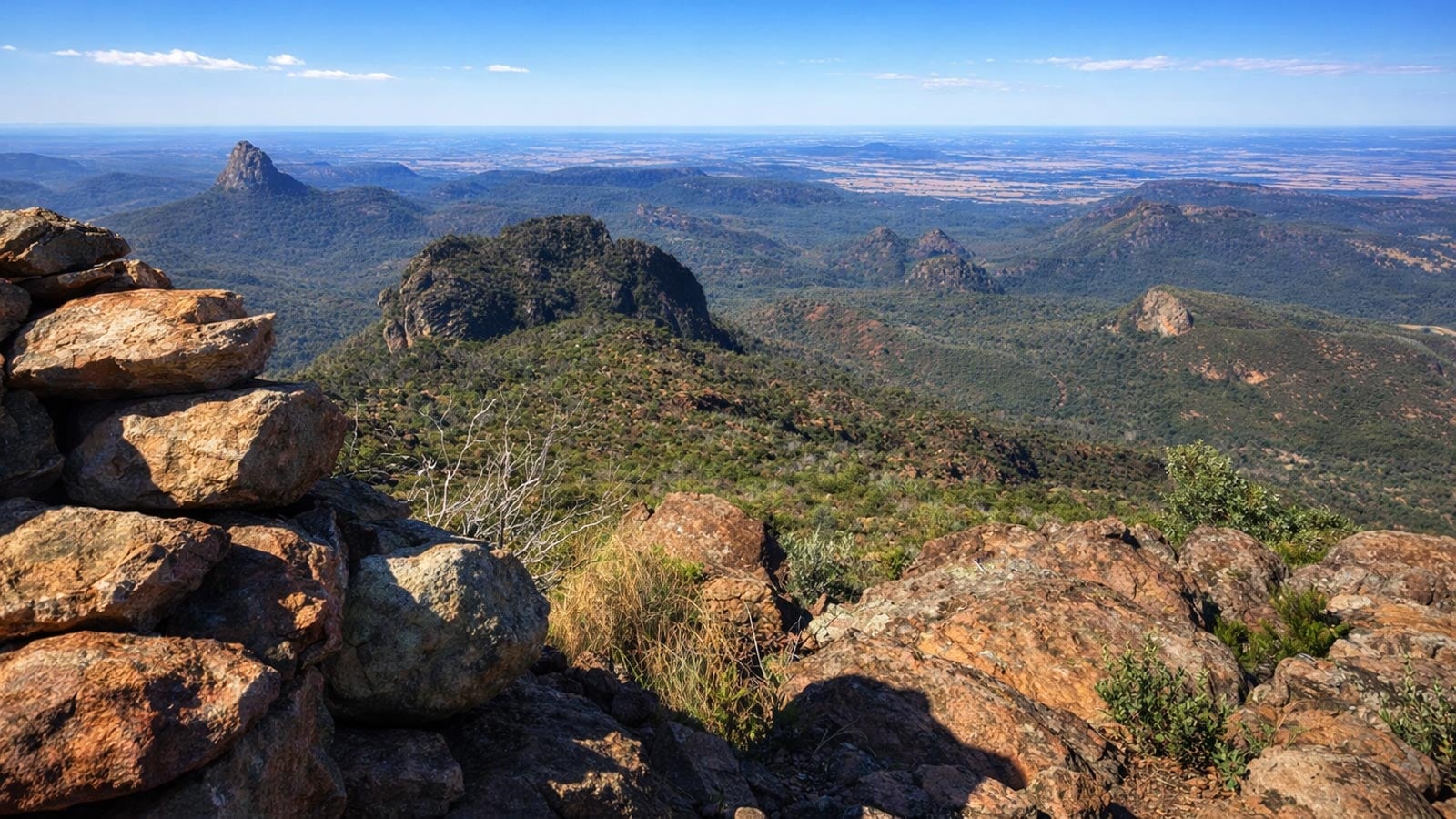 Panoramic view from a rocky lookout across forested ranges and volcanic peaks in warrumbungle national park, with open plains visible on the horizon.