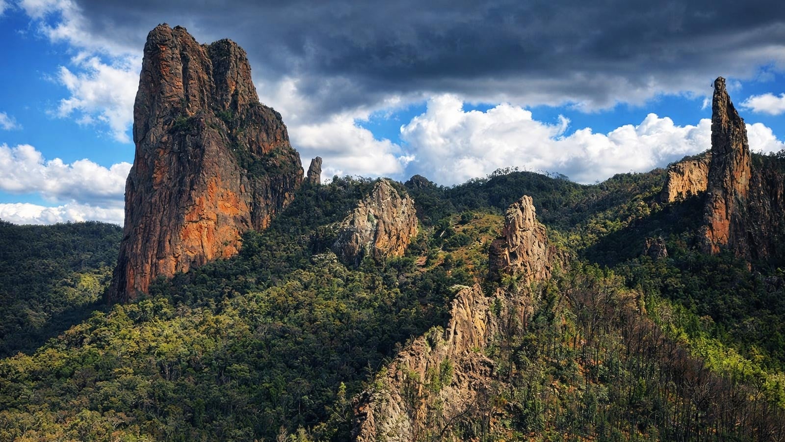 Tall, narrow volcanic spires and rugged ridgelines rising above forested slopes in warrumbungle national park, with the breadknife prominent against a dramatic sky.
