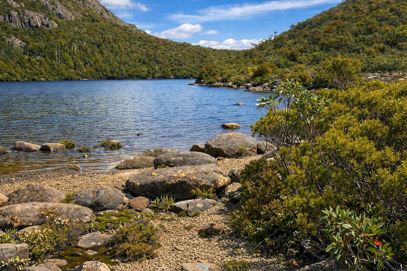 Rock-strewn shoreline beside a clear alpine lake, with low shrubs and forested slopes rising behind in hartz mountains national park.