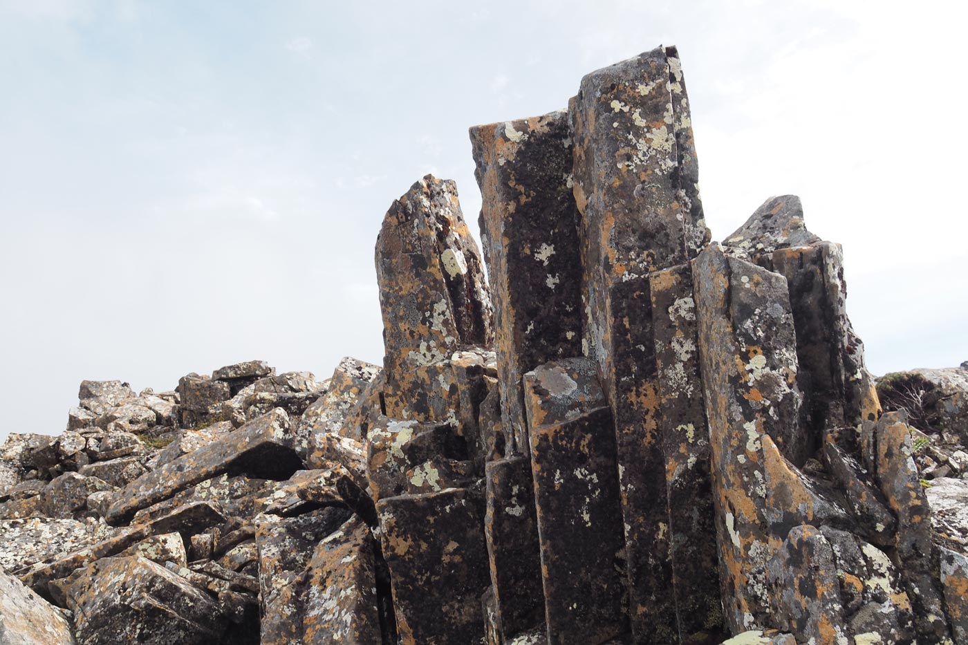 Close view of fractured dolerite rock columns and boulders on an exposed alpine ridge in hartz mountains national park.