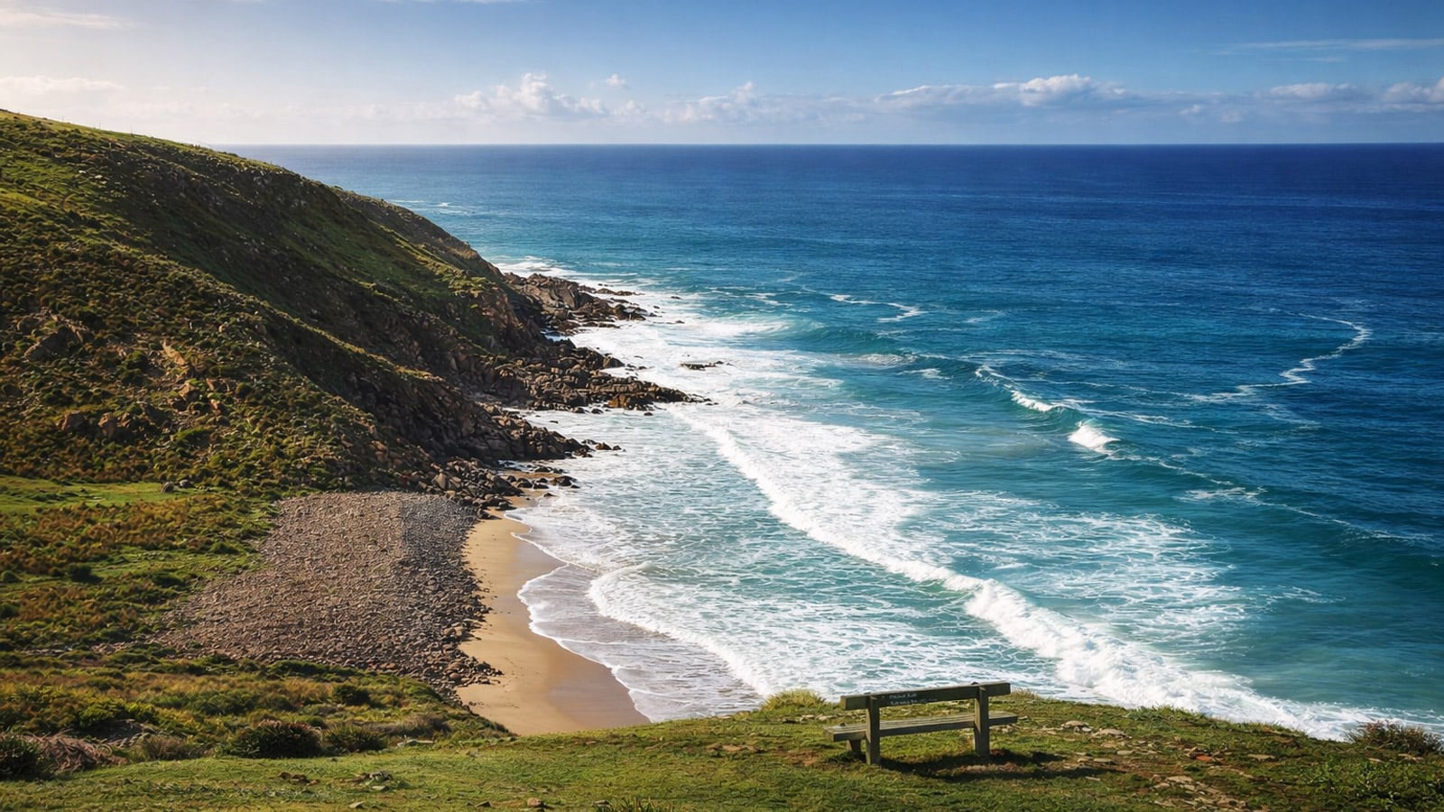Deep Creek National Park: Where the Bush Meets the Southern Ocean Elevated view from a grassy clifftop overlooking a sandy and pebble beach with turquoise waves rolling in from the southern ocean, with a wooden bench seat in the foreground and green coastal hills to the left.