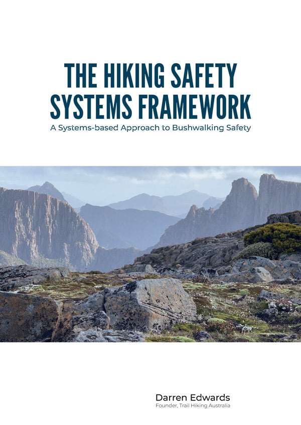 Cover of the hiking safety systems framework by darren edwards, featuring the du cane range in tasmania, australia.