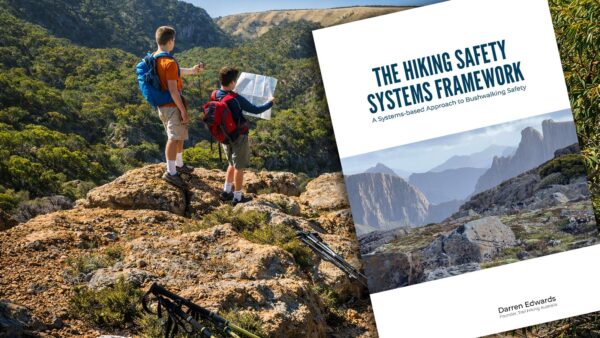 hiking-safety-systems-framework-launch Cover image of the hiking safety systems framework showing two bushwalkers navigating with a map above a rugged australian valley landscape.