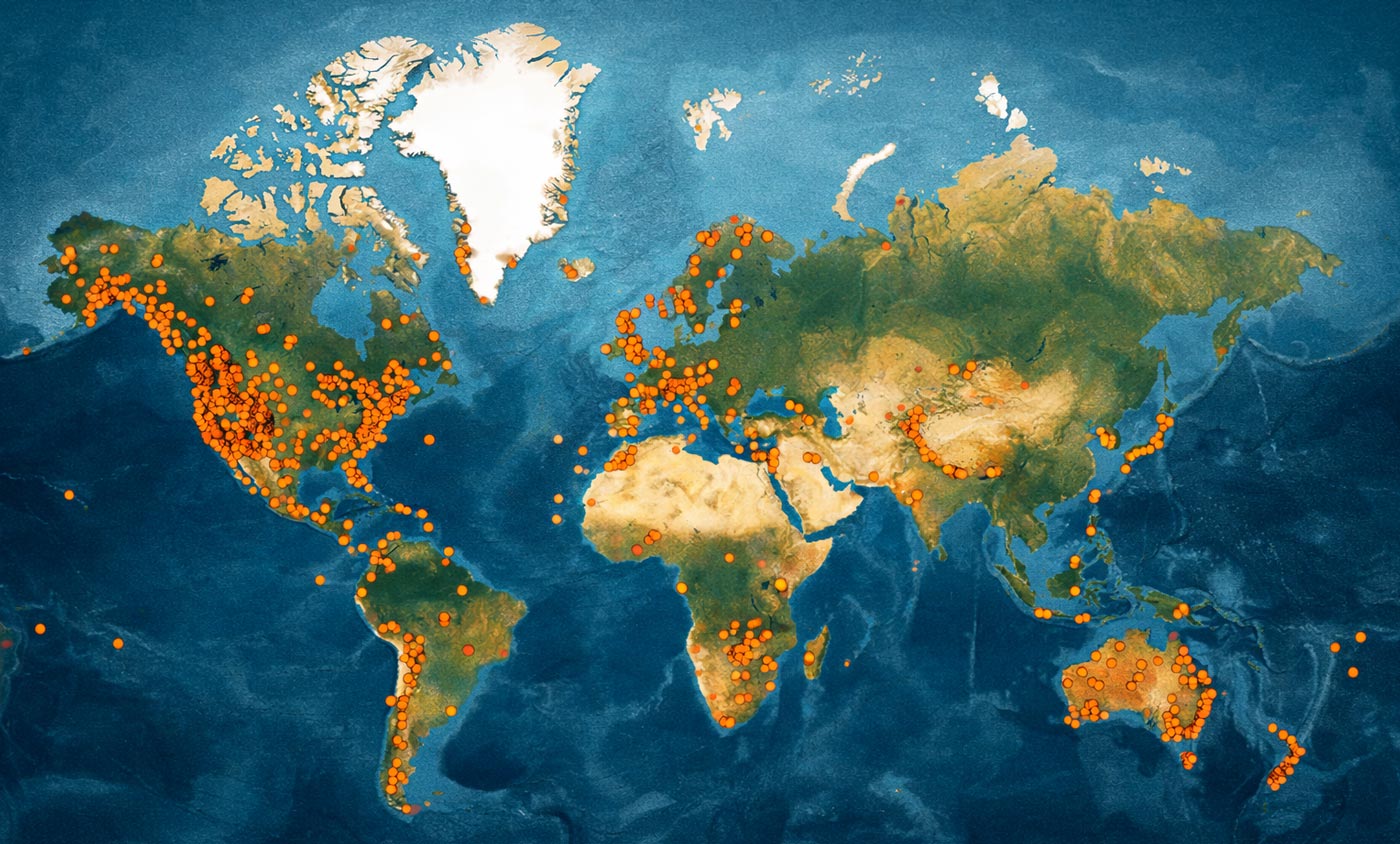 World map showing global distribution of inreach sos activations, marked by orange dots across north america, europe, australia, south america, africa and parts of asia.