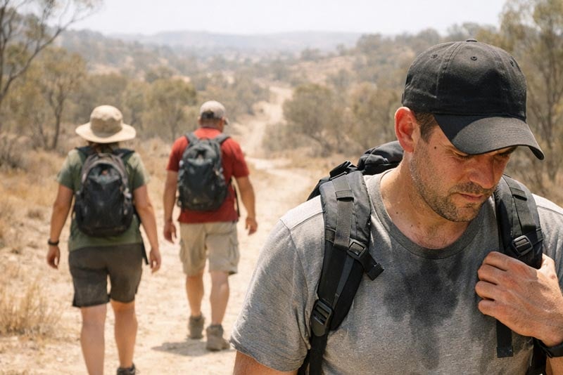 Hikers moving in heat on dry bush track, lead hiker showing early fatigue