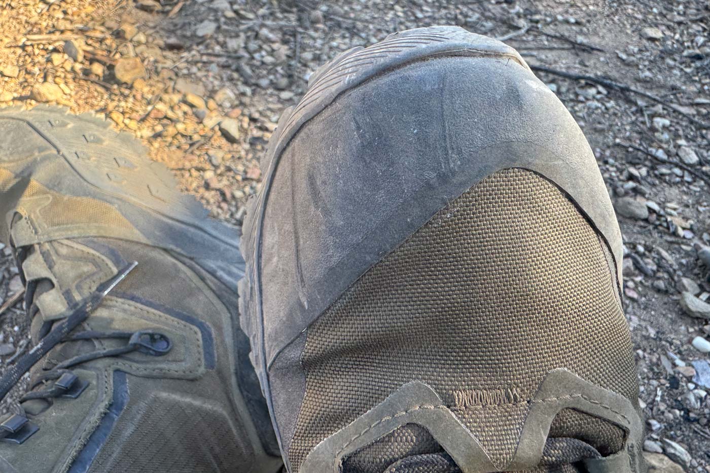 The north face offtrail hike lt mid gore-tex boot toe showing dust buildup on cordura upper and rubber rand