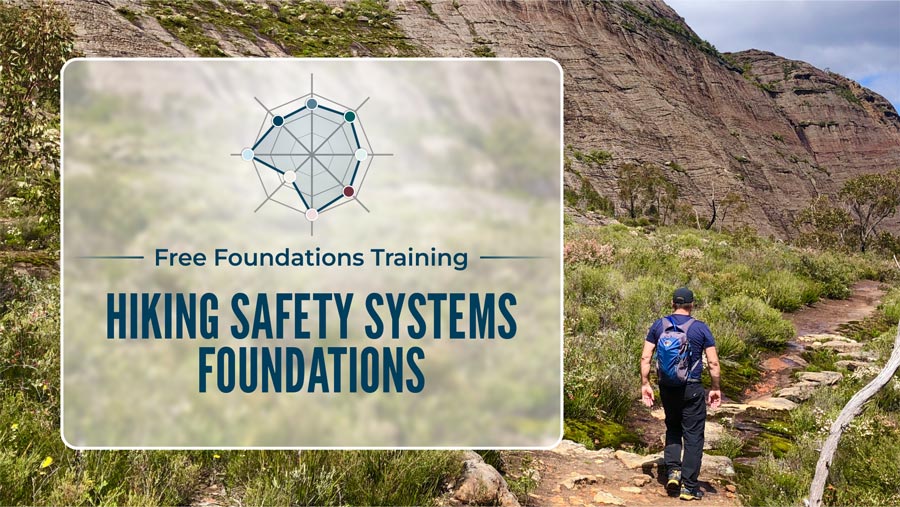 HSSF-Foundations-Training Hiker walking below a rocky ridge in australian bush, looking at the route ahead across rugged terrain