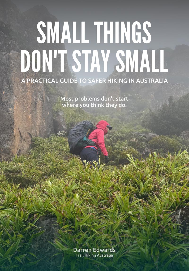 Hiker in a red jacket climbing through misty, rugged terrain in australia, with text “small things don’t stay small” overlaid.