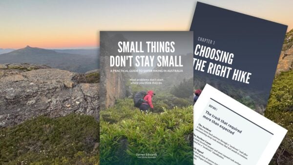 Small-Things-Field-Guide-16x9-Tile Small things guide cover and pages overlaid on rocky australian landscape at sunset