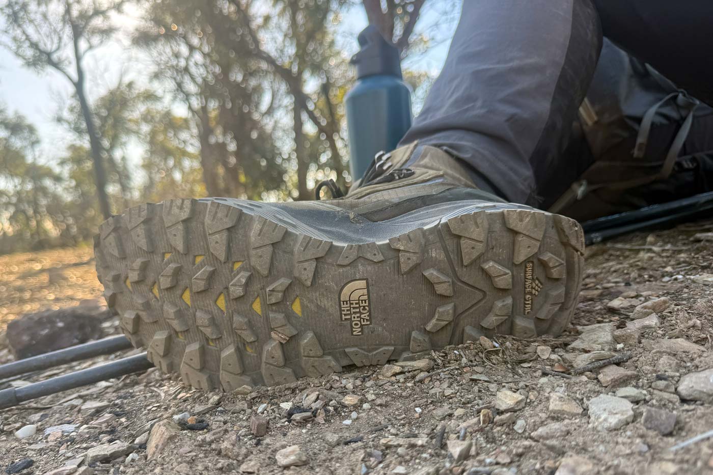 The north face offtrail hike lt mid gore-tex outsole showing 5mm lugs and tread pattern on rocky ground