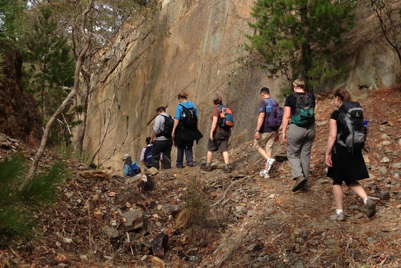 Group of hikers walking on a dry, exposed bush track in central victoria, highlighting heat, exertion, and increasing water demand during a midday hike