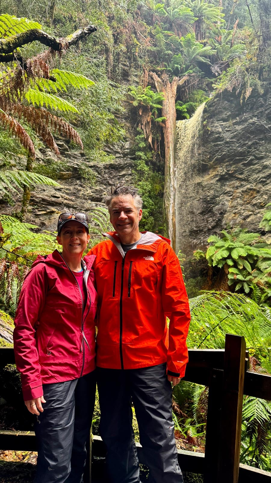 Two hikers standing beside lovers falls surrounded by lush rainforest and towering tree ferns in the pieman river state reserve.