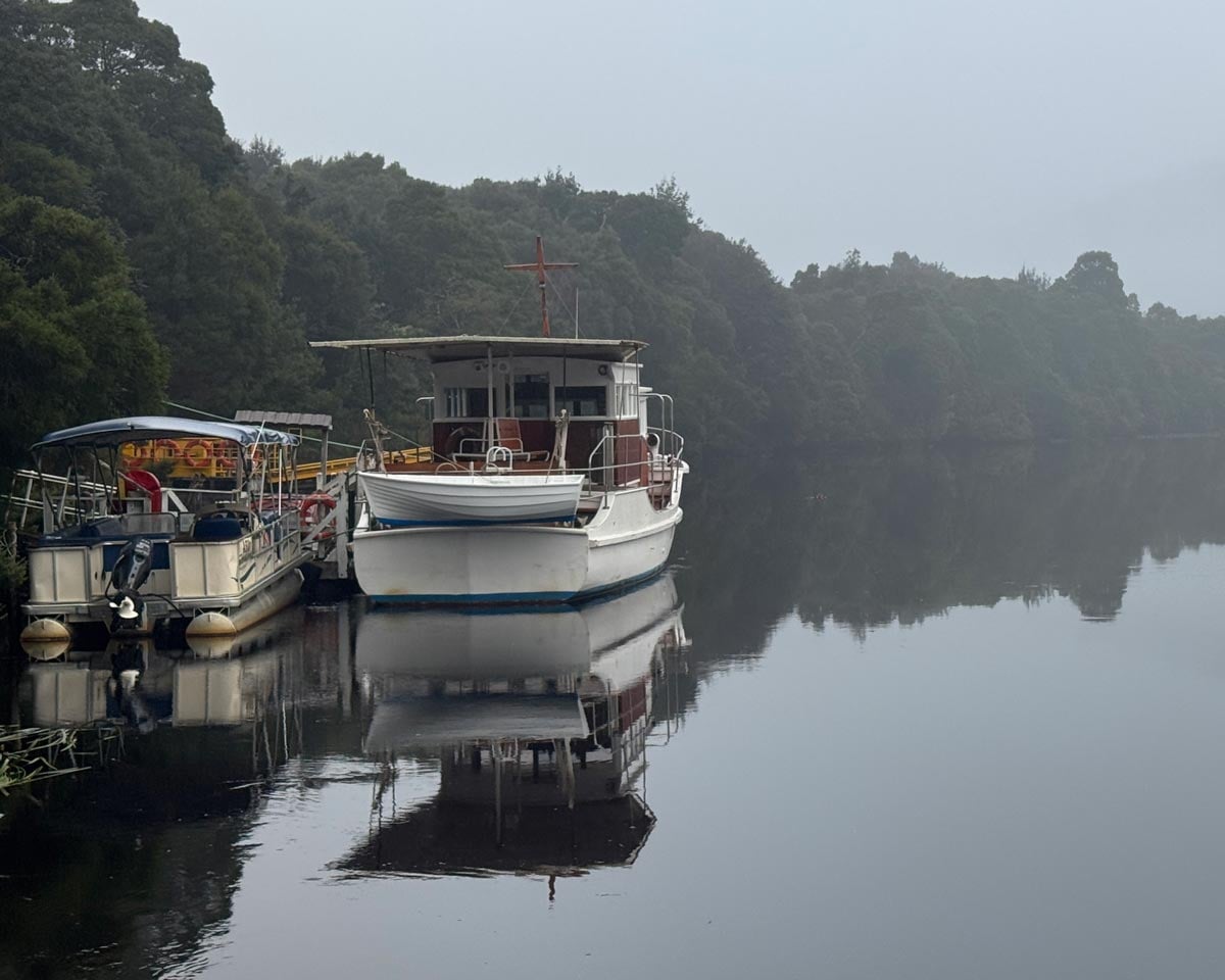 The historic mv arcadia ii moored on the still, mist-covered waters of the pieman river at corinna in tasmania’s takayna/tarkine region.