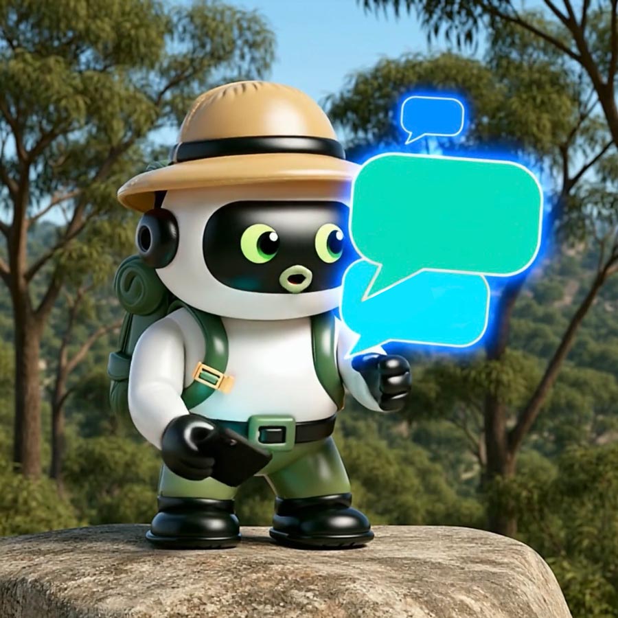 Trail Mate AI Assistant A stylised cartoon hiking robot wearing a wide-brim hat and backpack stands on a rock in a eucalyptus forest, holding a glowing blue speech bubble as if giving trail advice or guidance.
