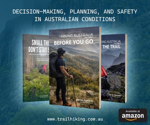 Trail Hiking Australia book series with three covers and hiker in Australian bush landscape