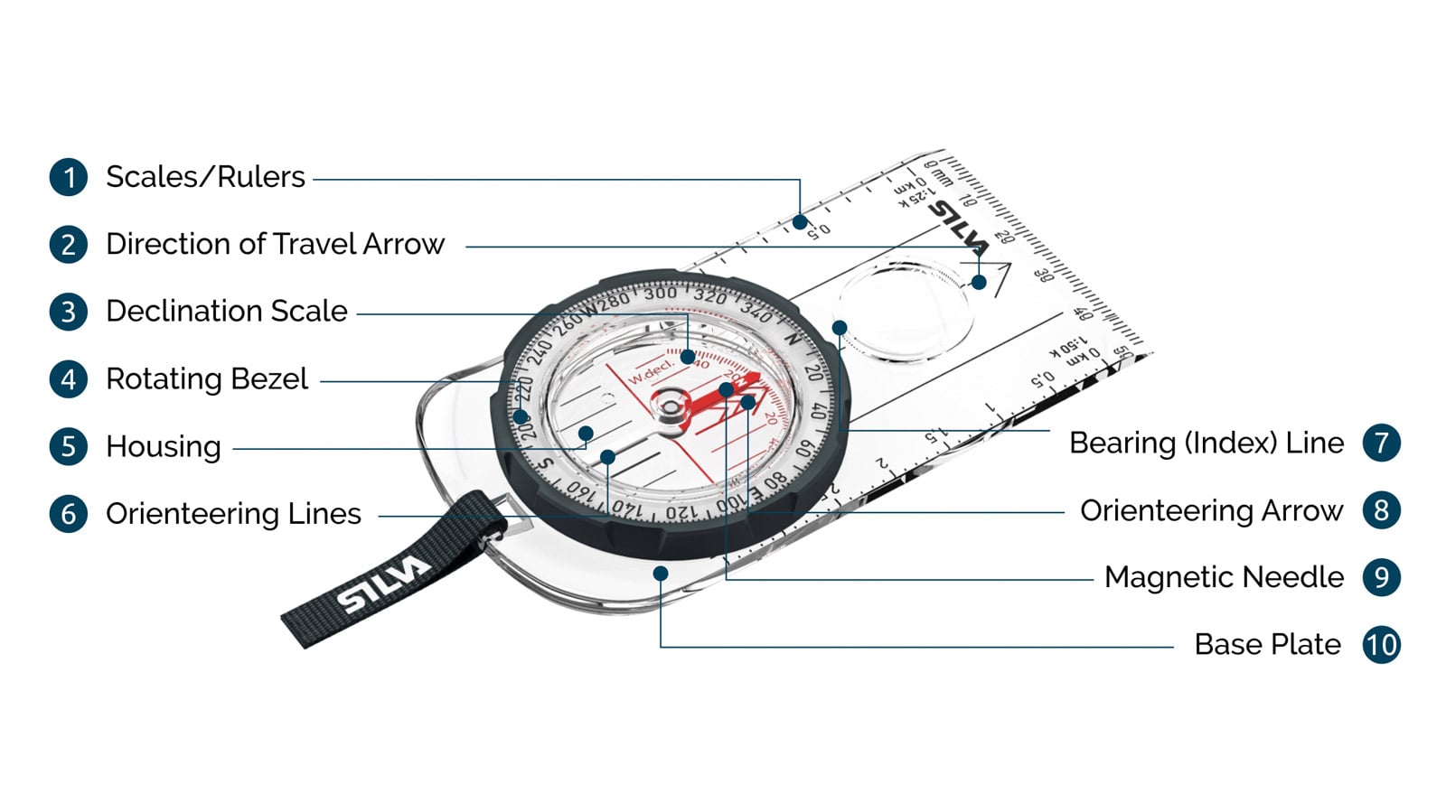 Understanding the Parts of a Hiking Compass Diagram of a baseplate compass labelling 10 parts: scales/rulers, direction of travel arrow, declination scale, rotating bezel, housing, orienteering lines, bearing (index) line, orienteering arrow, magnetic needle, and base plate
